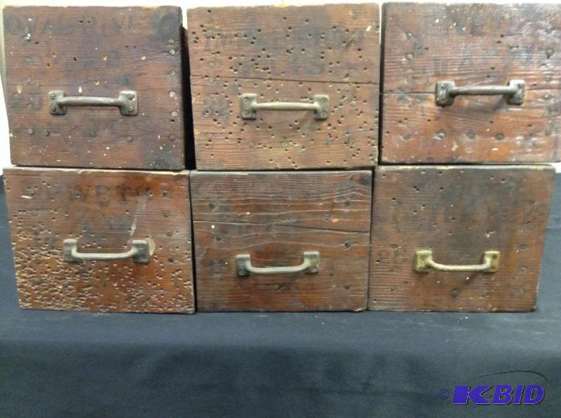 lot 15 image: Lot of 6 vintage wood drawersbins from Waconia Creamery