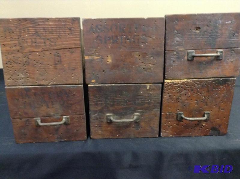 lot 16 image: Lot of 6 vintage wood  drawersbins from Waconia Creamery