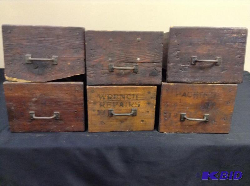 lot 17 image: Lot of 6 vintage wood drawersbins from Waconia Creamery