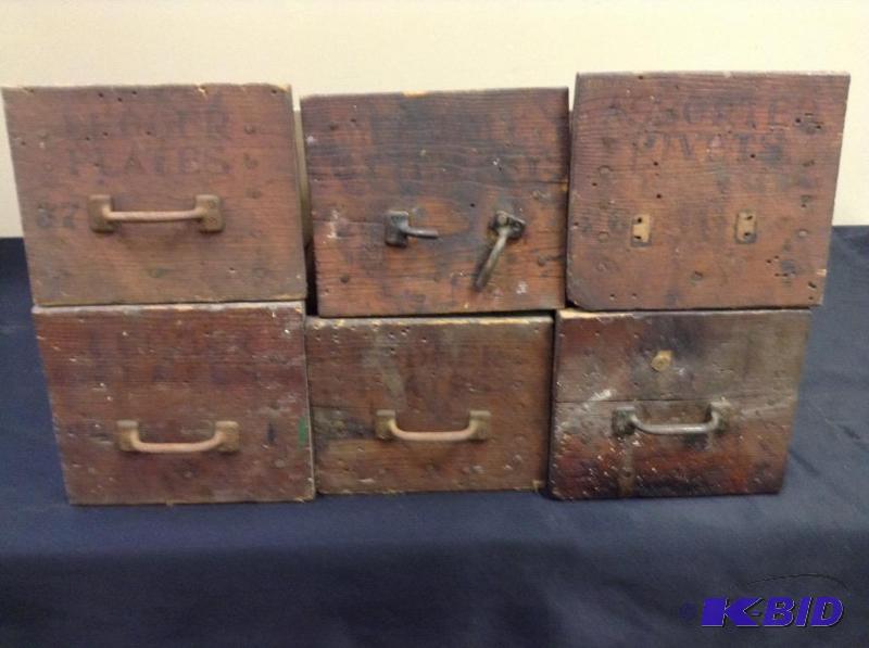 lot 18 image: Lot of 6 vintage wood drawersbins from Waconia Creamery