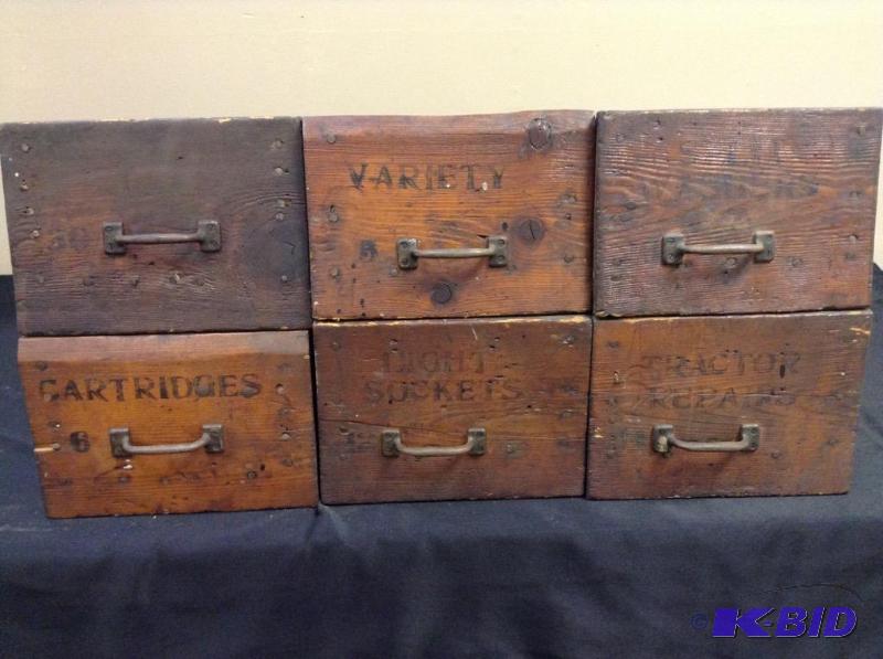 lot 20 image: Lot of 6 vintage wood drawersbins from Waconia Creamery