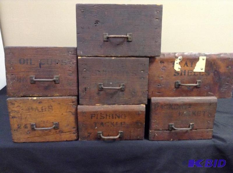 lot 22 image: Lot of 7 vintage wood drawersbins from Waconia Creamery