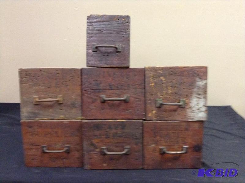 lot 23 image: Lot of 7 vintage wood drawersbins from Waconia Creamery