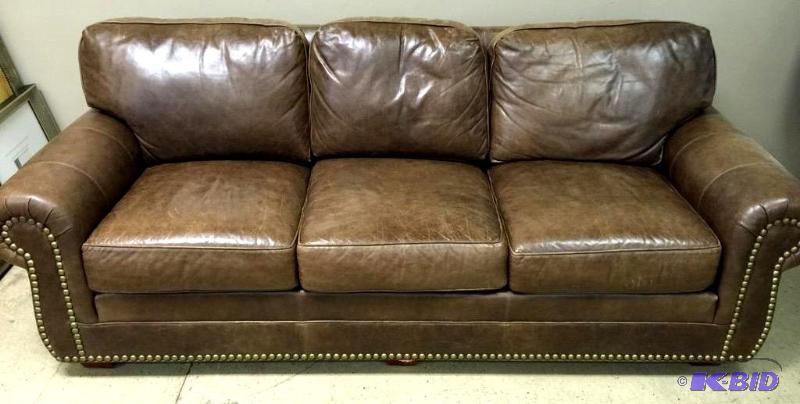 lot 37 image: Brown Leather Nail Head Sofa