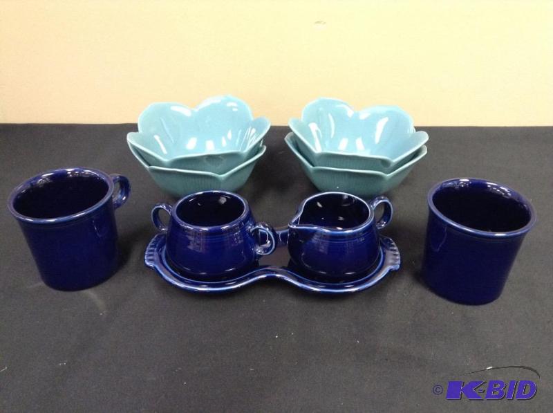 lot 86 image: Fiesta Cream, Sugar, Coffee Cups, Tray & Pier 1 Bowls