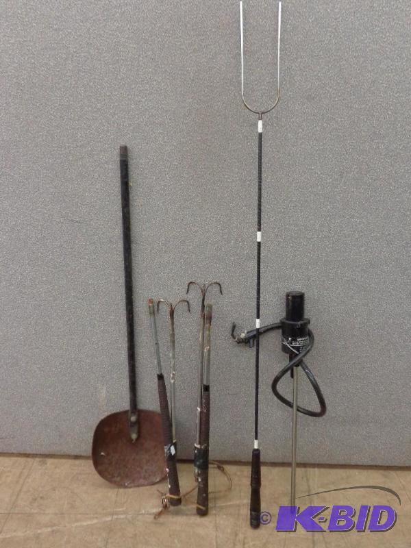 lot 125 image: Homemade fishing gaffs  Keg tapper  Flag ho...
