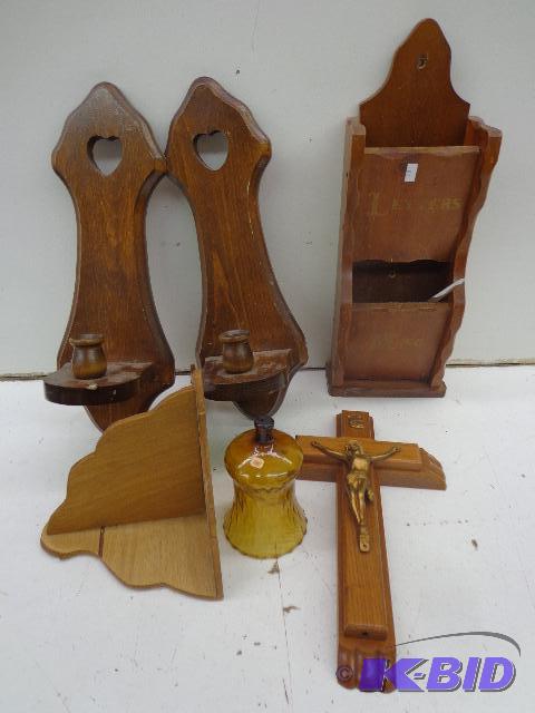 lot 79 image: Wall decorations   1 tall wooden candle hold...