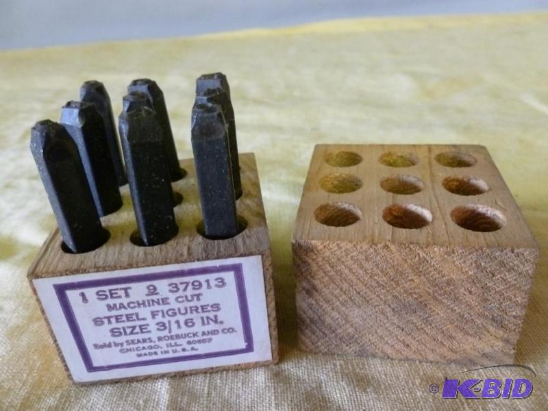 lot 110 image: Sears 9 piece number stamp set, comes in a wo...