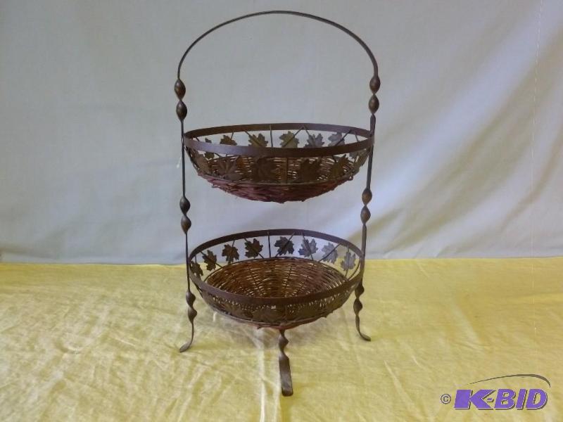 lot 136 image: Nice two tiered metal basket stand that measu...