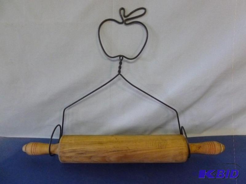 lot 153 image: Vintage wooden rolling pin and wire pin holde...