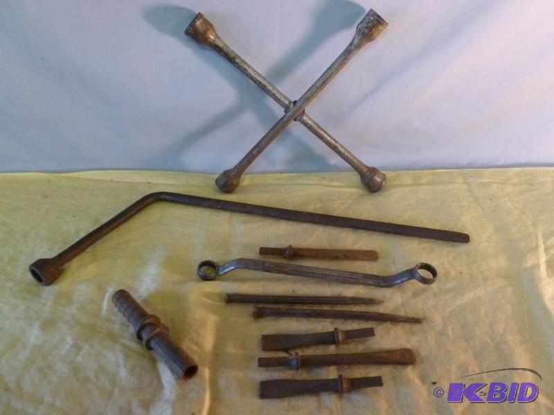 lot 187 image: Lot of tire irons and vintage tools....