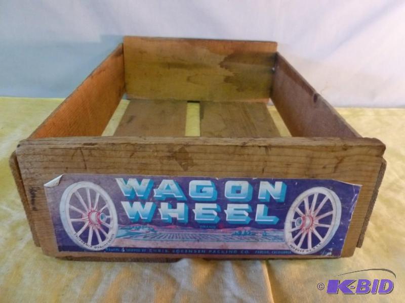 lot 211 image: Vintage Wagon Wheel wooden fruit crate that m...