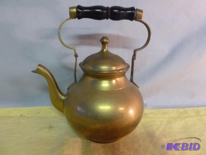 lot 225 image: Vintage wood handled brass tea kettle that me...