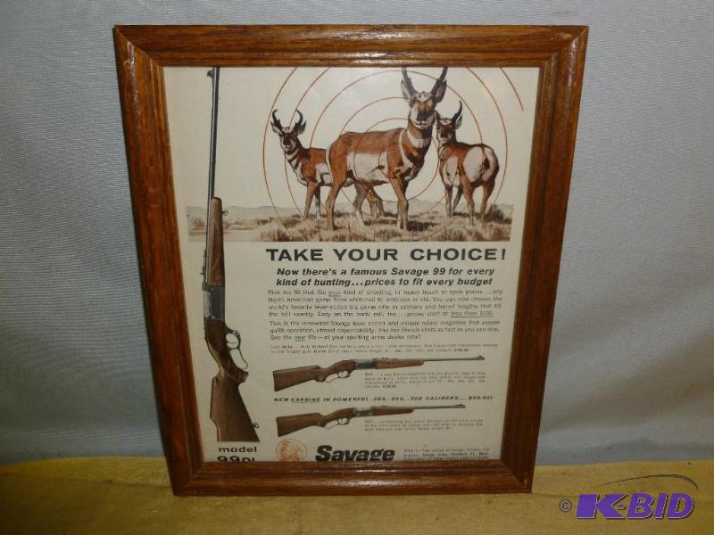 lot 229 image: Vintage Savage Model 99 oak framed advertisem...