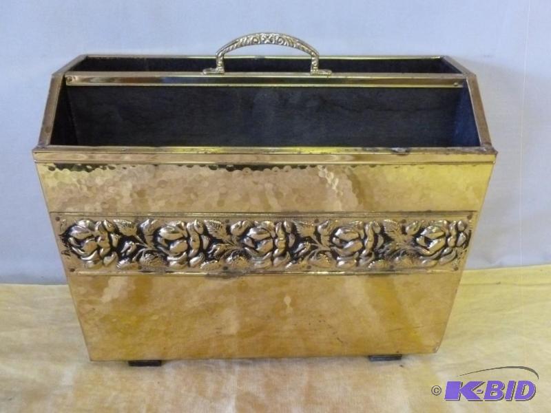 lot 52 image: Vintage hammered brass magazine holder that m...