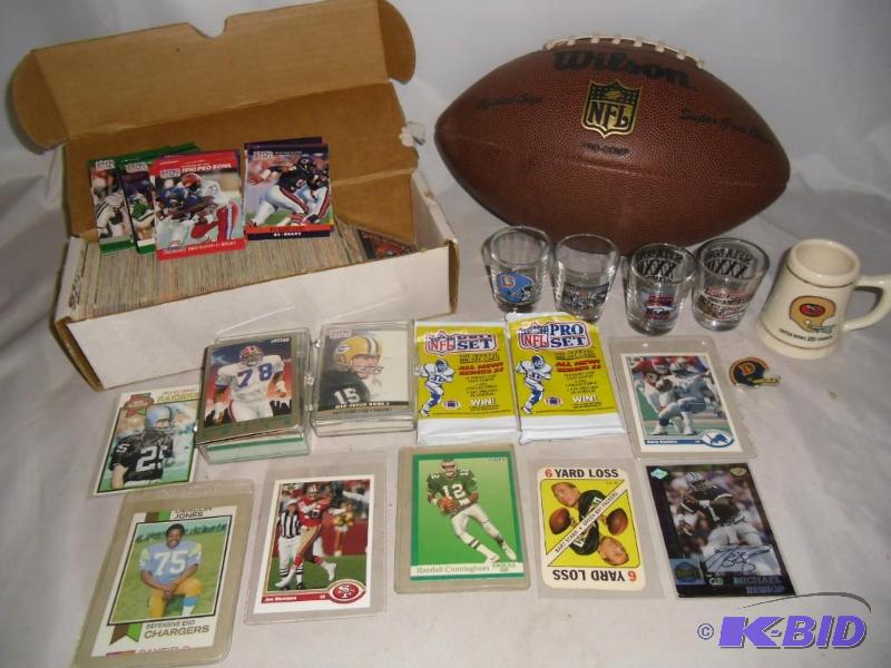 lot 1 image: Football Fun  Broncos Shot Glasses, Wilson NFL ball, NFL Trading Cards