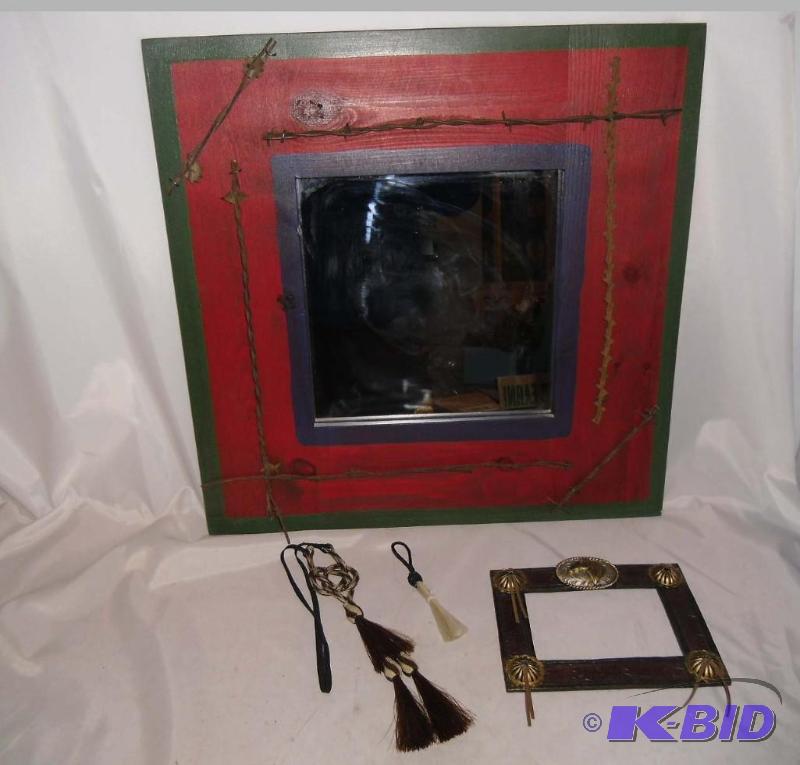 lot 15 image: Western Country Decor  Barbed Wire Mirror  Concho Picture Frame  Horse Hair Tassel