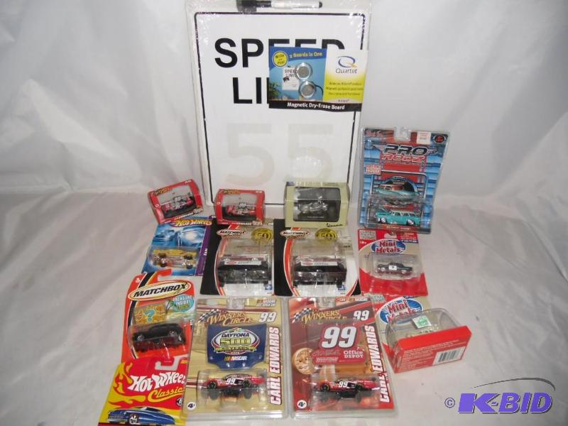 lot 18 image: New in Packages Die-Cast Cars Matchbox Hot Wheels Maisto, Winners Circle & 55 Speed Dry Erase Board