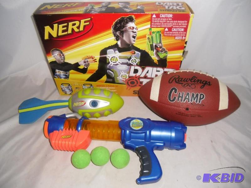 lot 20 image: Lot of Nerf Toys  Dart Tag, Atomic Blaster and Football