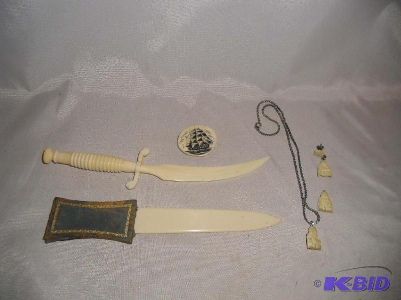 lot 24 image: Old Ivory Letter Openers, Scrimshaw pin and Buddha Pendant & Earrings