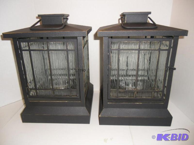 lot 25 image: 2 New Large Outdoor Black Metal & Glass Gas Lanterns