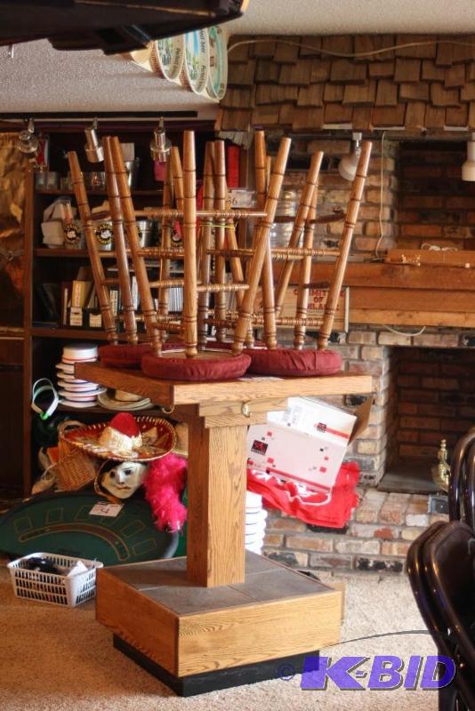 lot 121 image: (5) Wooden Bar Stools & Wooden Table Lot Including Bar Stools, app. 4 ct Table 30 x 30 x 41.