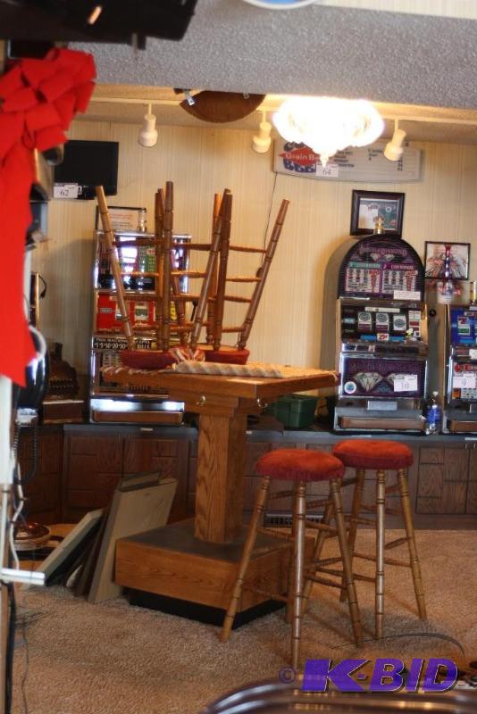 lot 123 image: (5) Wooden Bar Stools & Wooden Table Lot Including Bar Stools, app. 4 ct Table 30 x 30 x 41.