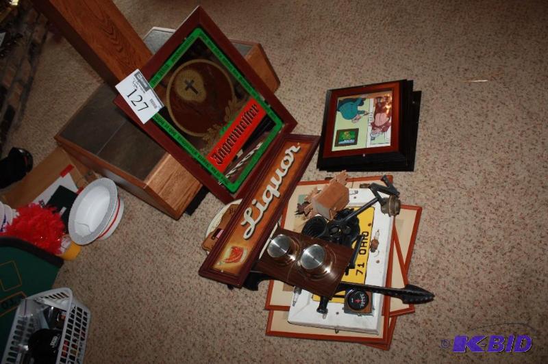 lot 127 image: (10) Decorative SignsPoster Lot Including Save Paper Framed Jagermeister Sign Bird In HandTavern