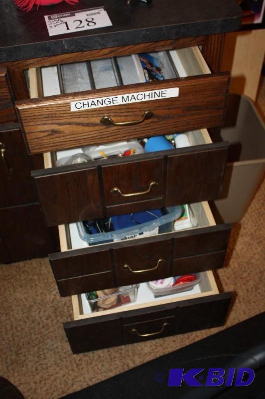 lot 128 image: Contents of Shelf & Drawers Including Money Bags Metal Mesh Silverware Tray Office Supplies.