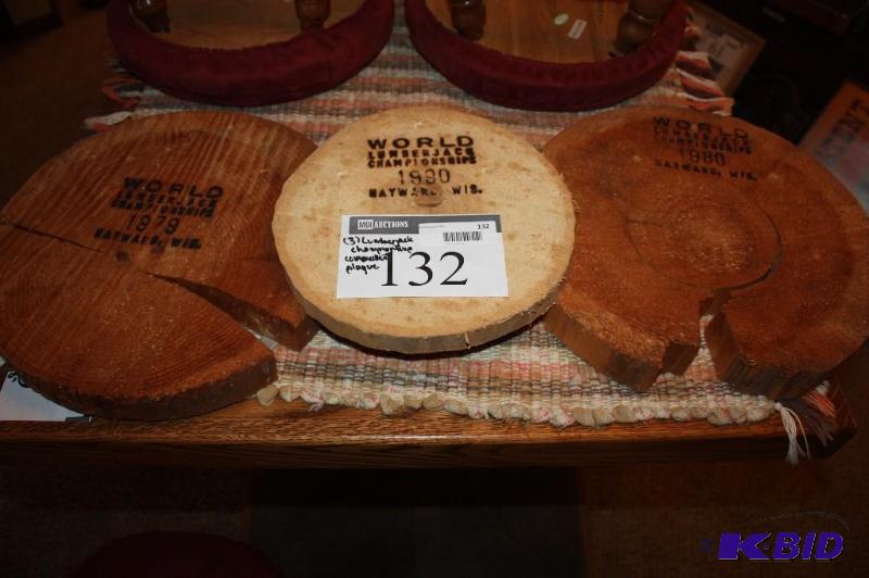 lot 132 image: (3) Wooden World Lumberjack Championships Wood Cross-Sections Plaqes wBranded Year & Place.