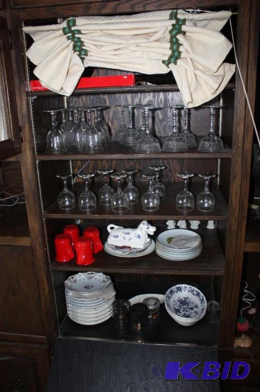 lot 135 image: Vintage Lot Includes Shelves Contents Glassware Bowls Red Mugs And More.