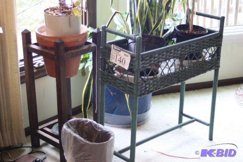lot 140 image: (5) Including Wooden Wicker Shelf Potted Plants Wooden Stand And More.