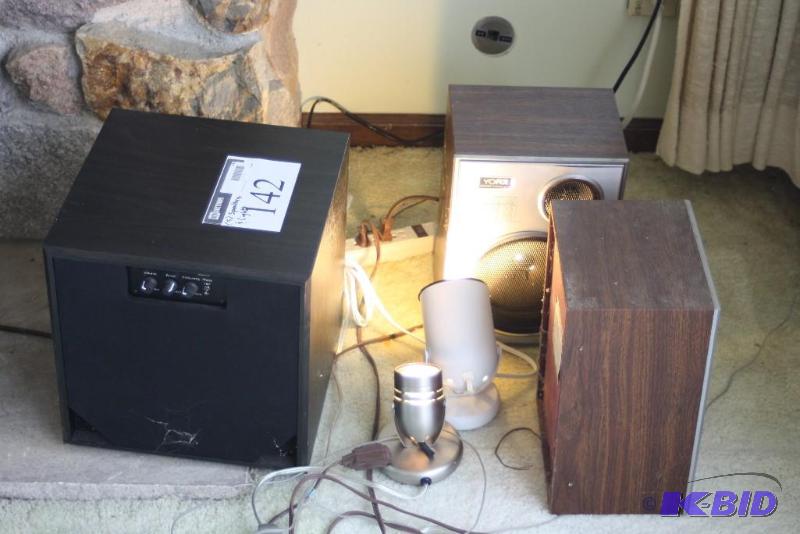 lot 142 image: (5) Including Yorx Speakers Lights wCords SubSpeaker Box And More.