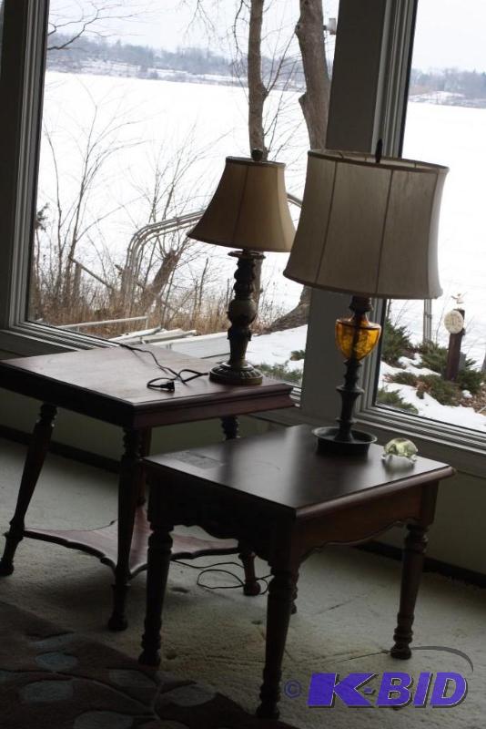 lot 143 image: (4) Including Ornamental Standing Lamps, app. 2 ct Wooden Side Tables, app. 2 ct.