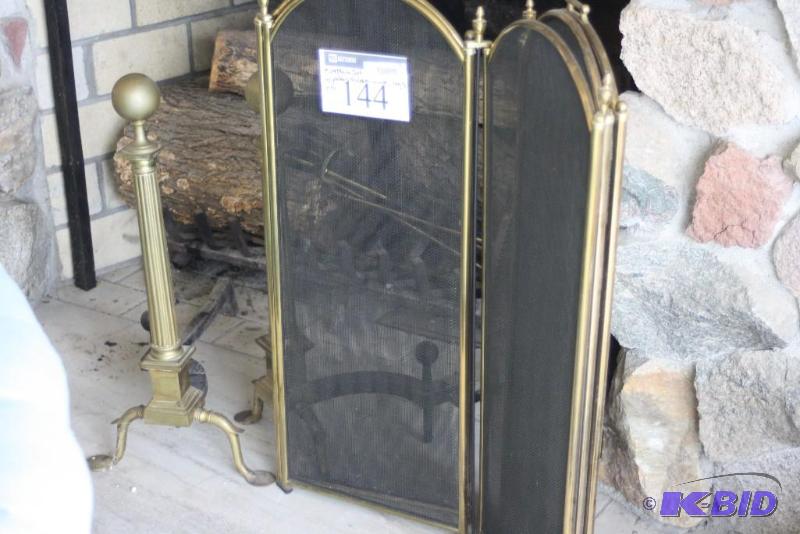 lot 144 image: Fireplace Set wFolding Brass Colored Fire Screen, Poker, Grate, And More.