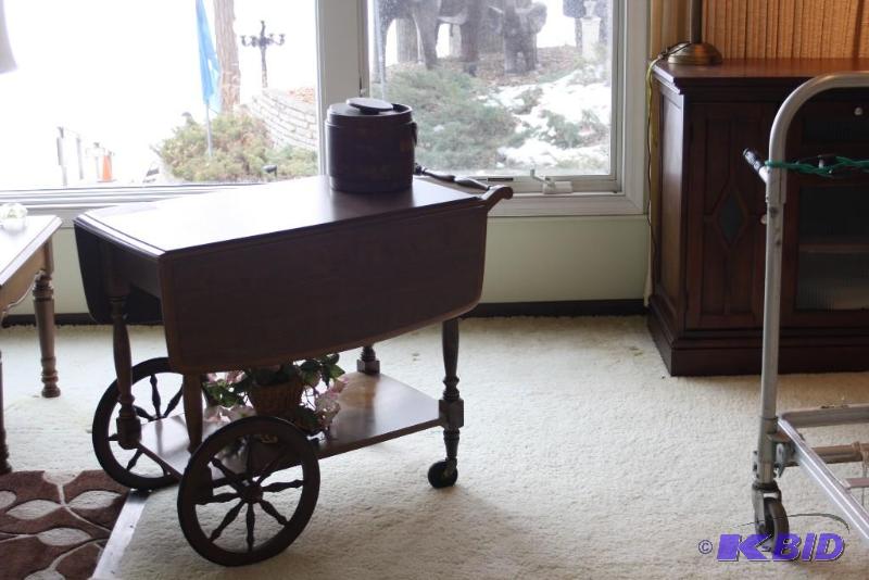 lot 146 image: Vintage Wooden ShelfSewing Table wWheels & Stand Includes Contents.