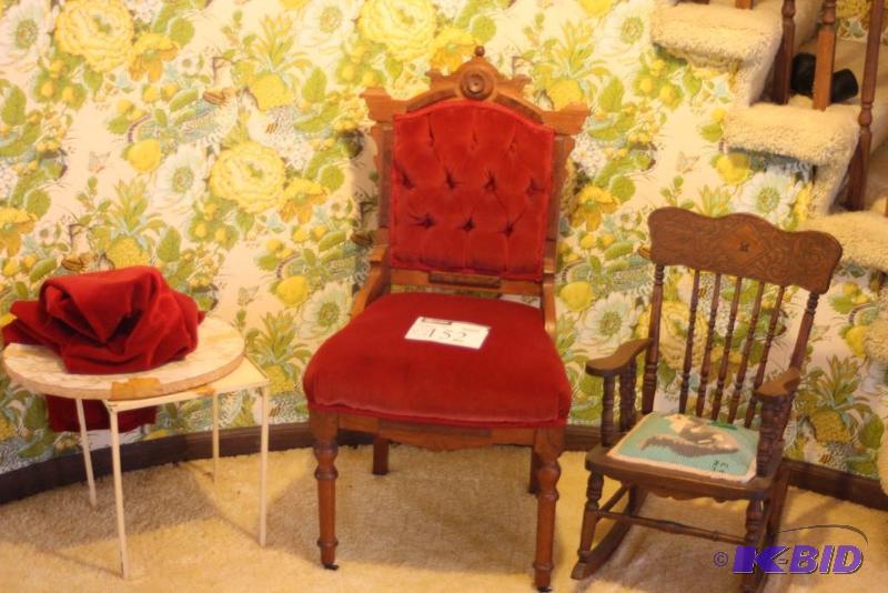 lot 152 image: (3) Small Wooden Rocking Chair Vintage Crushed Velvet Style Wooden Chair End Table And More.
