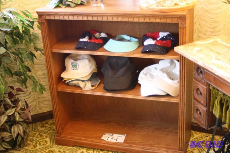 lot 154 image: Shelf Lot Including Wooden Shelving Unit Candle Sticks Hats And More.