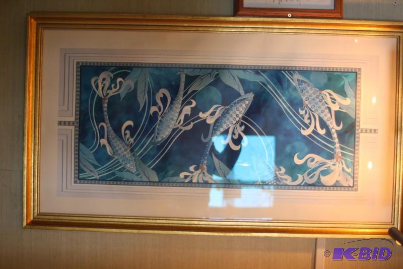 lot 156 image: Scarlett Chou Ripley Pond Framed PaintingPrint Coy FishWater Scene BlueWhiteGold.