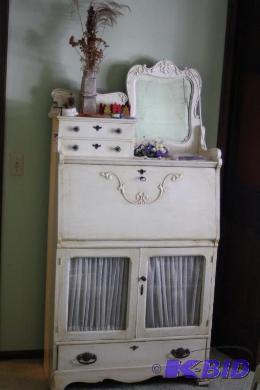lot 172 image: Wooden Dresser wFold-Down Desk Board Multiple Compartments Mirror & Glass Doors.