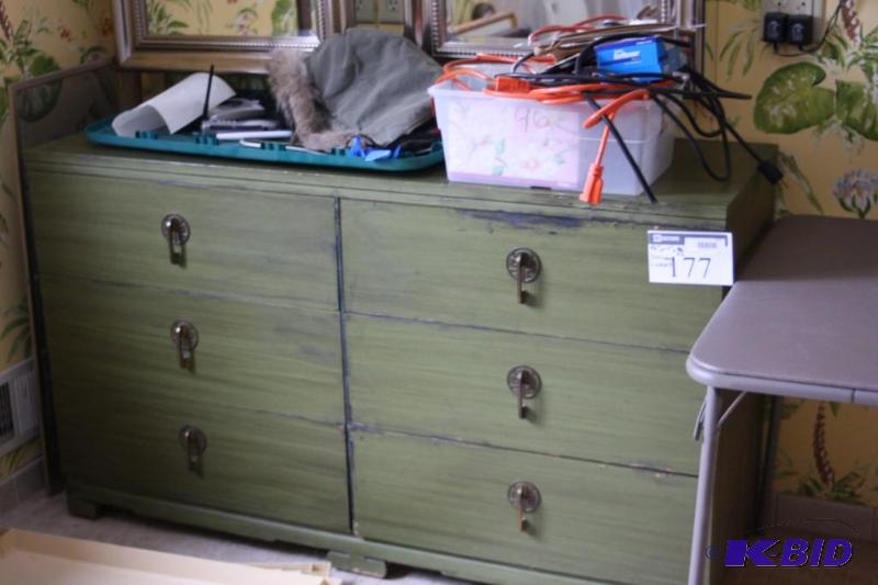 lot 177 image: Green Wooden Dresser w6 Drawers & Handles Includes Contents Inside Drawers And On Top Shelf.