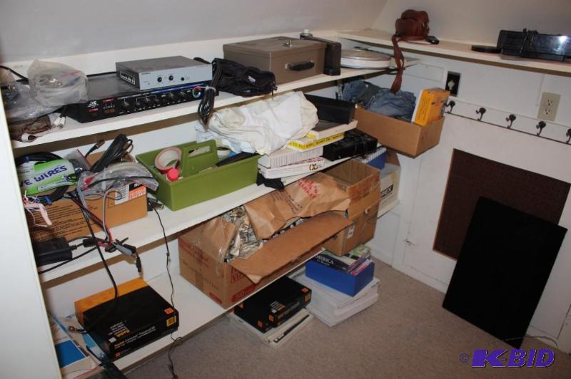 lot 182 image: Room Lot Including Miscellaneous Electronics Metal Lock Box Film Canisters, And More.