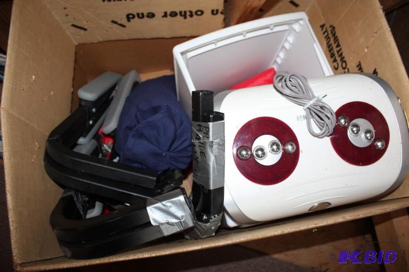 lot 185 image: Box Lot Including Homedics Foot Massager Metal Bars Plastic Container And More.