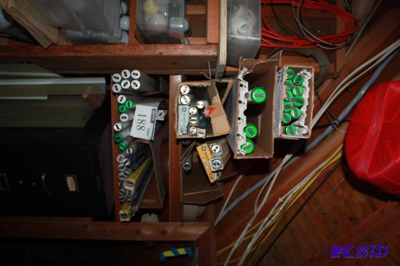 lot 188 image: Shelf Lot Including Fluorescent Light Bulb Tubes Cool White 15W F15T8, And More.
