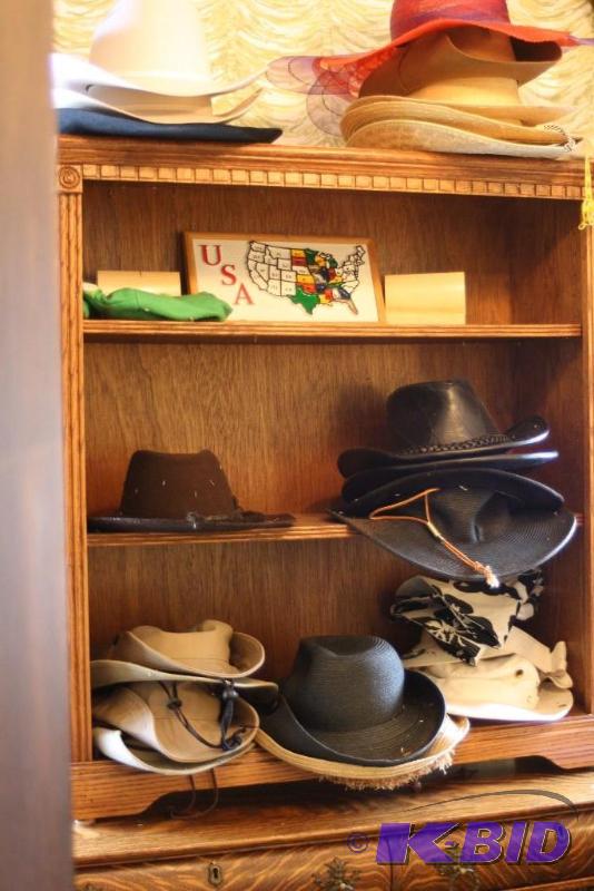 lot 19 image: 2-Piece Ornate Wooden Dresser wCurved Glass Door & Wooden Shelf Contents Included.
