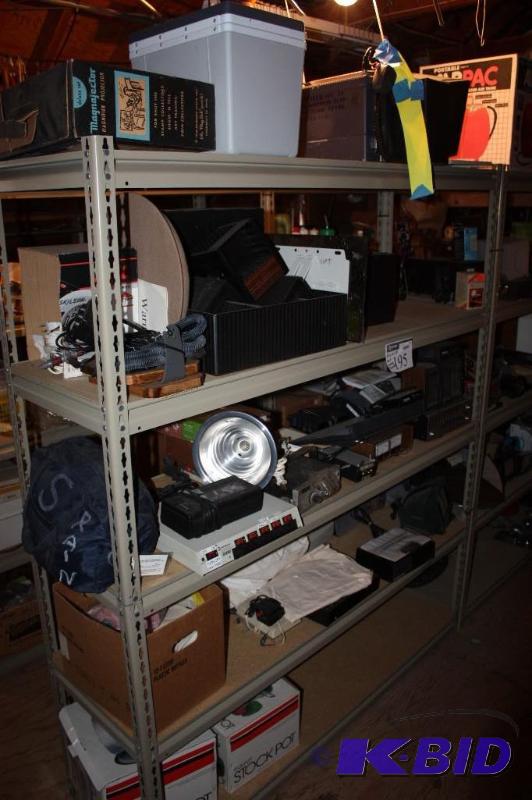 lot 195 image: Shelf Lot Including Metal Shelf, 60 x 19 x 71 Stock Pots Miscellaneous Electronics And More.