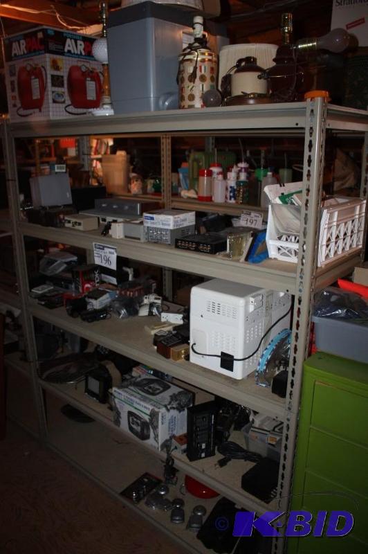 lot 196 image: Shelf Lot Including Metal Shelf, 60 x 19 x 71 AirPac Portable Television Electronics.