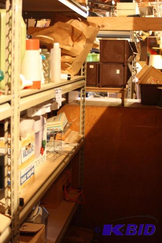 lot 197 image: Shelf Lot Including Metal Shelf wWooden Inserts, 60 x 19 x 71 Metal Stock Pot Plastic Bottles