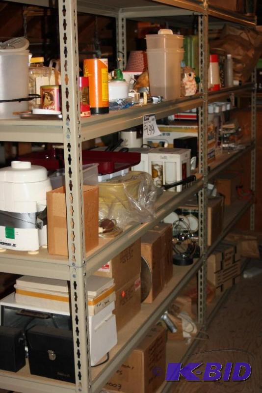 lot 199 image: Shelf Lot Including Metal Shelf wWooden Inserts, 60 x 19 x 71 Frying Pan Plastic Container