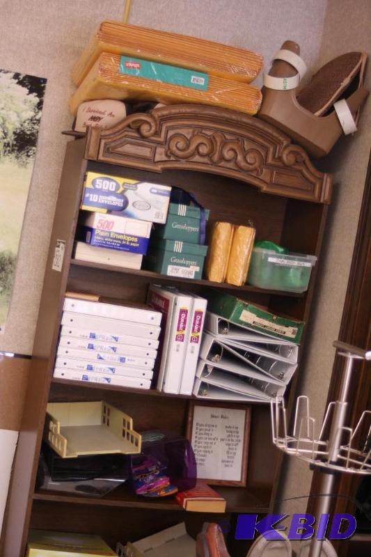 lot 202 image: Shelf Lot Including Wooden Shelf, 34 x 11 x 73 Organizational Binders Envelopes Folders And